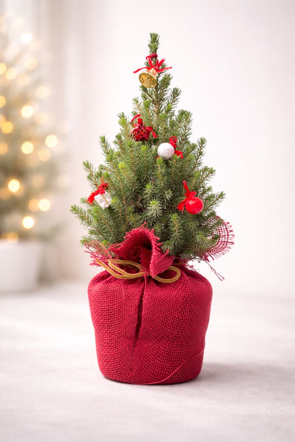 Natural Mini Spruce Tree - Decorated, red